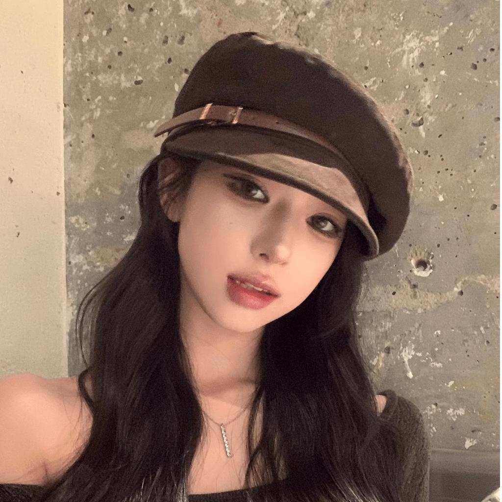 Women's flat-top hat with belt, British-style newsboy cap, duckbill cap, octagonal beret, trendy