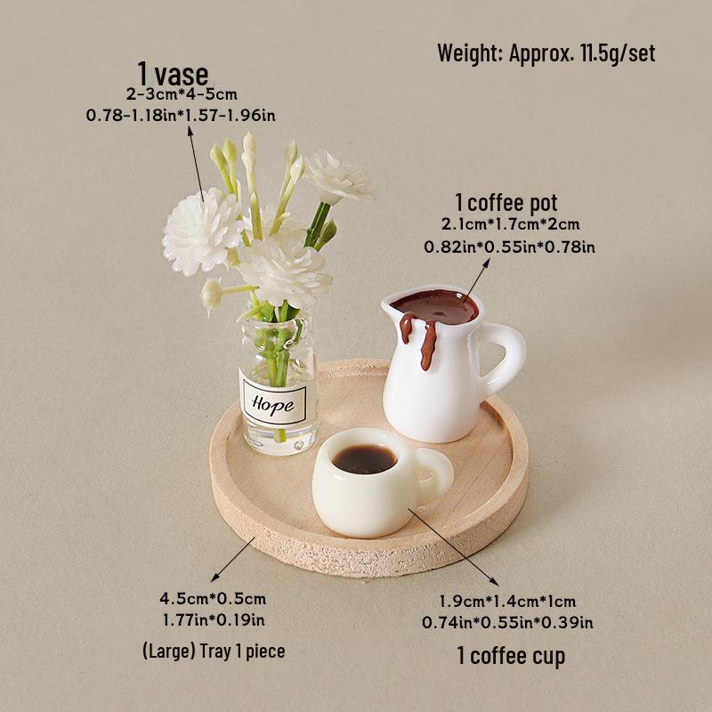 Miniature Wooden Dollhouse Tray with Coffee Cup and Vase Ornament