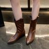 New Retro Soft Leather Short Boots Women's Western Style Autumn Winter Fashionable Pointed Toe Versatile Denim Boots for Ladies