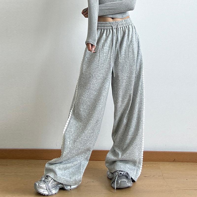 

Весенне-осенние женские модные однотонные кружевные сращивающиеся брюки с высокой талией, свободные широкие брюки 2XL серый