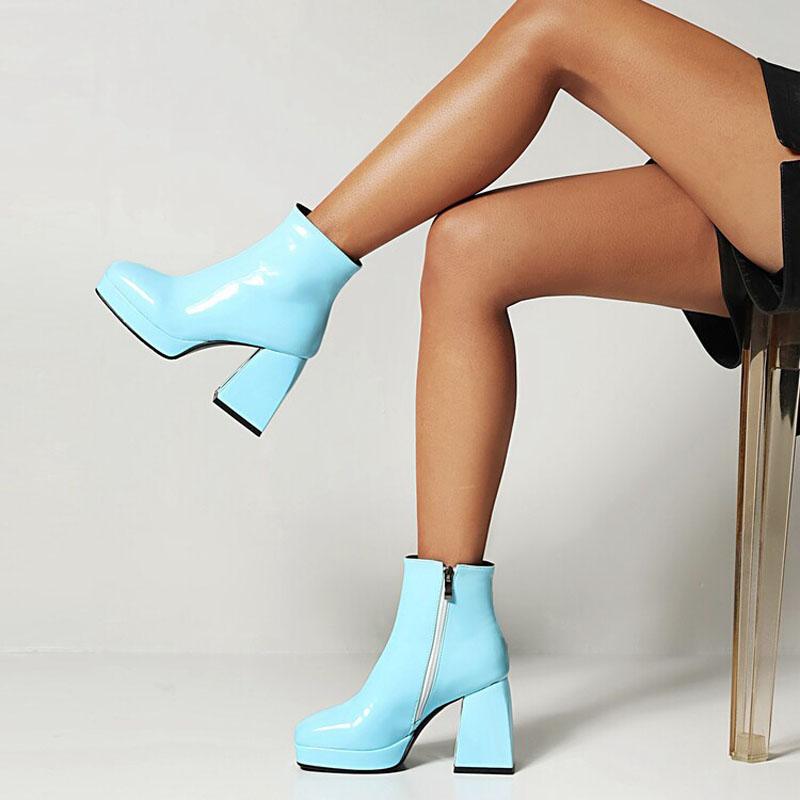 Bonbonfarbene Damenstiefel Kundenspezifische eckige Zehen Lackleder Hohe Absätze Stiefeletten Damen Plateau-Schuhe Winterpumps Botas WSH4986