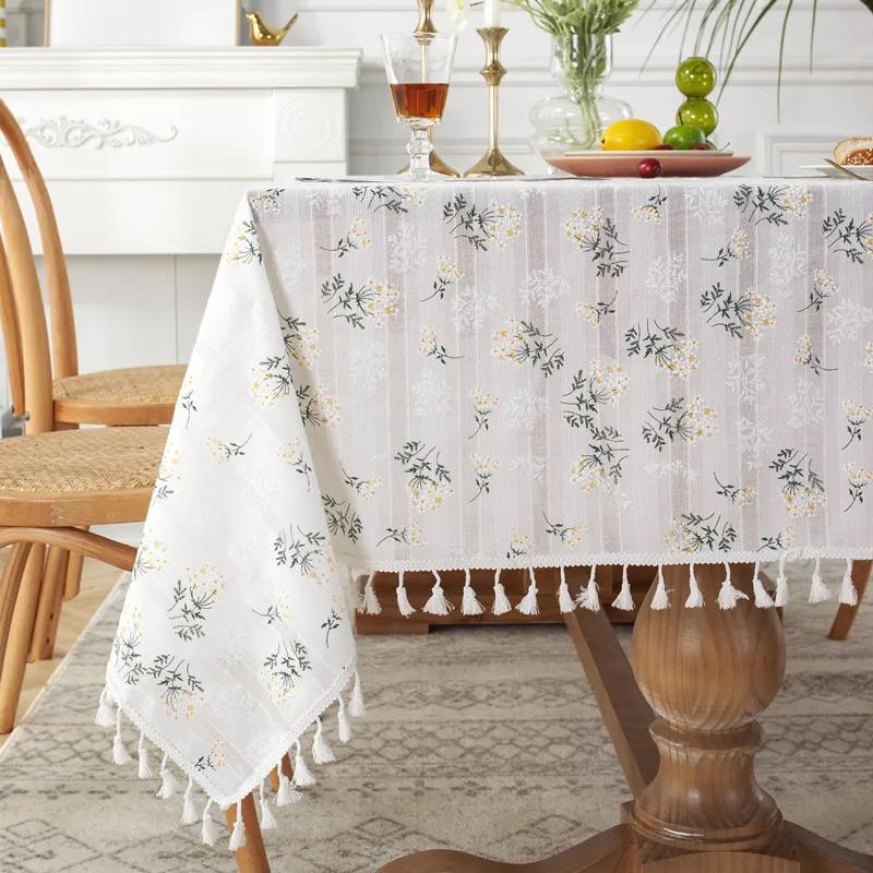 White Pompom Tablecloth Rectangle Boho Jacquard Dust-Proof Table Cover For Kitchen Dinning Living Room Tabletop Home Decorations