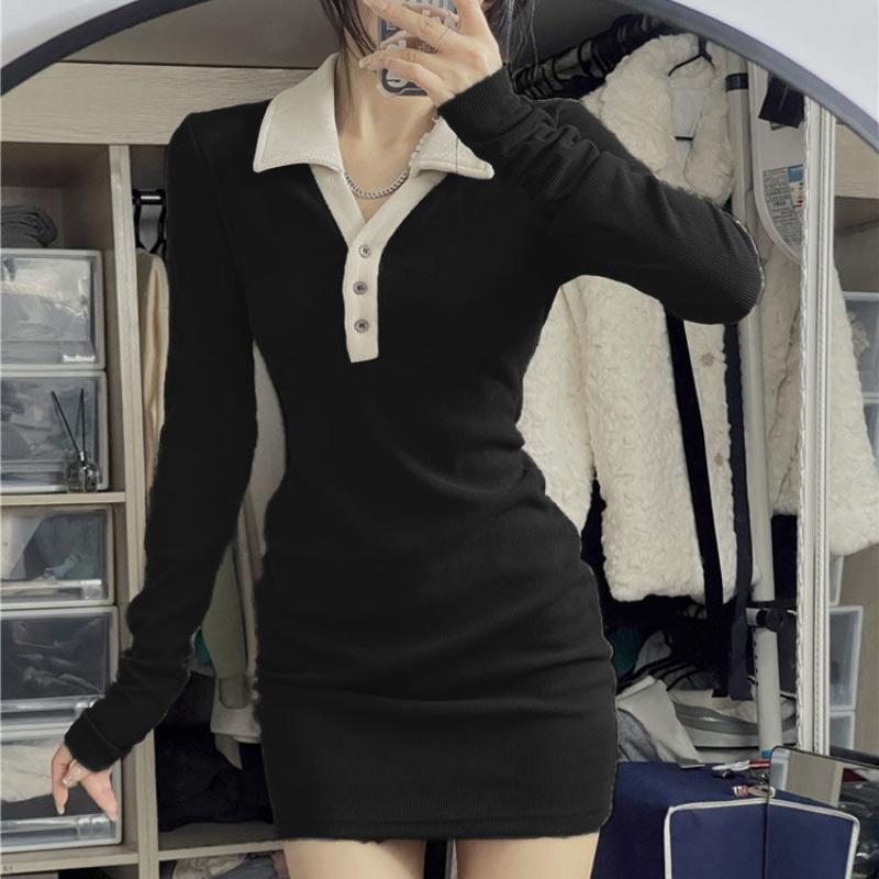 

Sexy Black Mini Dress Women Korean Streetwear Casual Polo Collar Button Up Knitted Long Sleeve Dress with Corset Women s A-line Dresses 2026 Hit S чёрный