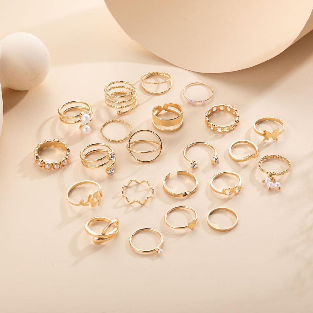 Fashion Gold Pearl Butterfly Love Chain Dot Diamond Multi-Layer Cross 22-Piece Set Ring