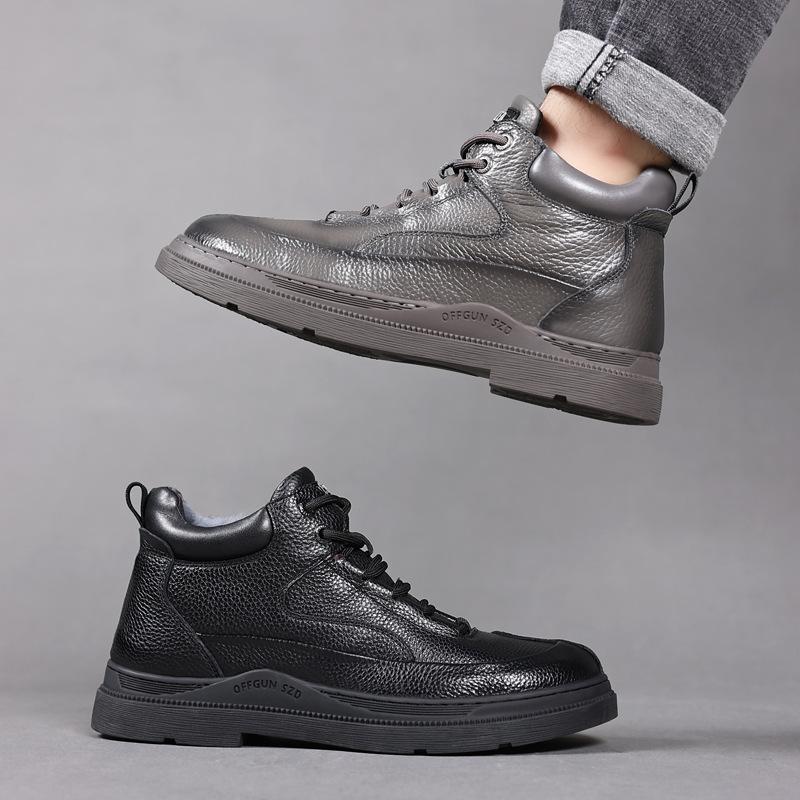 Winter First Layer Cowhide Wool Men's Warm Cotton Shoes Leather Velvet High-top Outdoor Casual Dad Men's Shoes Northeast