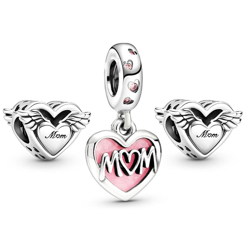 3pcs /Lot Pink Love Heart Beads Enamel Mom Pendant Fit Diy Brand Charm Bracelets Necklaces For Women Mother Jewelry Making