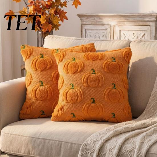 Cute Halloween Living Room Accents Plush Pumpkin Cushion Cover, Throw Pillow 18 X Inch Modern Minimalist Home Decor Ghost Soft Case for Spooky Season,