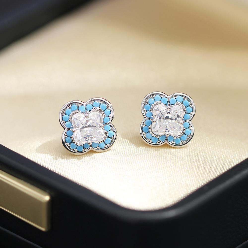 European and American classic versatile diamond-set blue leaf stud earrings temperament niche 925 silver needle stud earrings women s earrings
