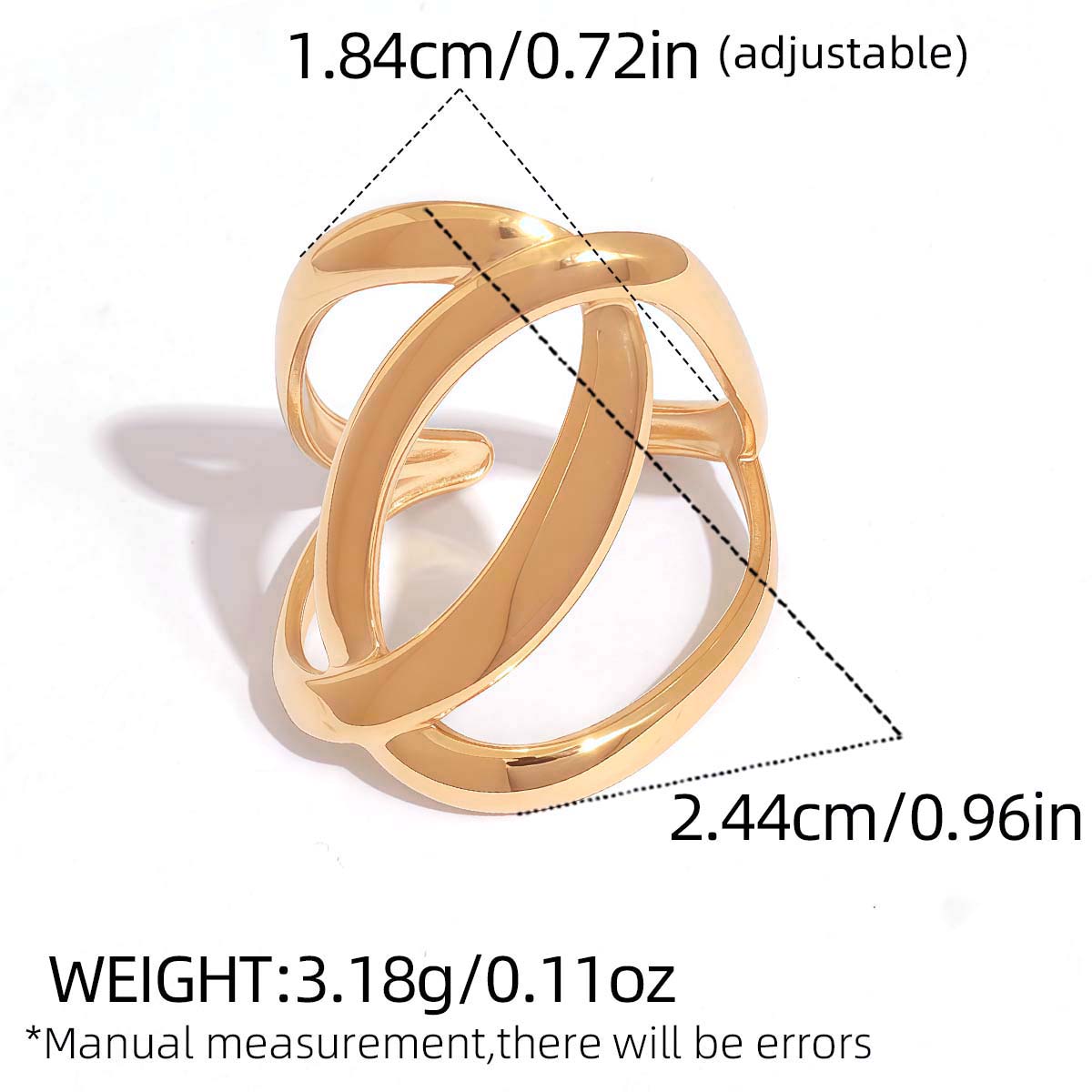 Stainless Steel Geometric Hollow  Wide Ring Metal Texture Waterproof Daily Simple Stylish 18K Gold Plated Zircon for Women resizable