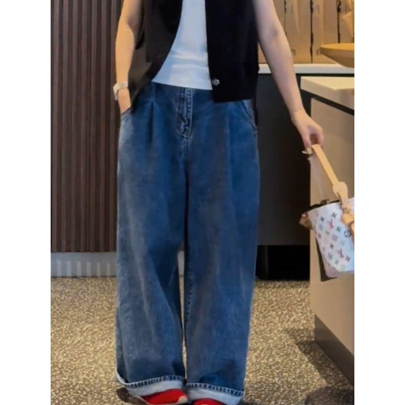 Korean Style Loose Lazy Slimming Wide-Leg Pants Blue Jeans Women 2025 Summer New Plus size Mopping Pants