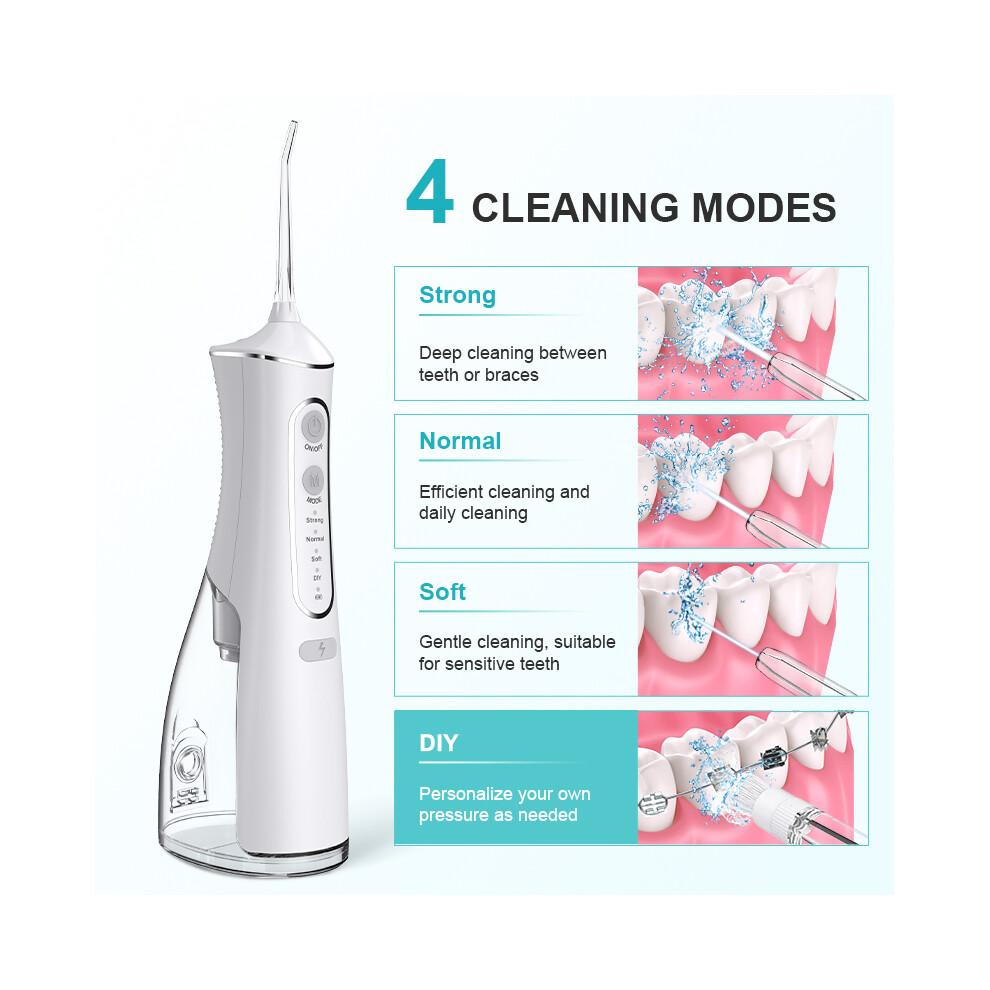 Cordless Water Flosser Dental Oral Irrigator 5 Jet Tips 300ml 4 Mode DIY Intelligent Waterproof IPX7 White