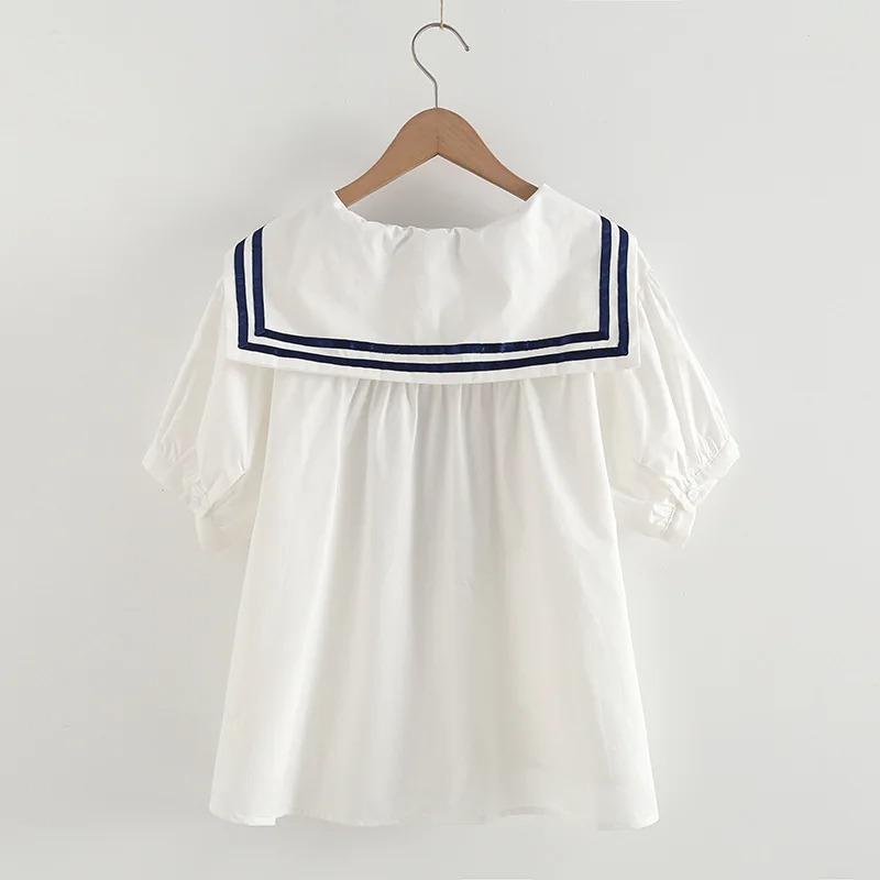 Camisas Femininas de Verão Blusas Brancas com Laço Manga Curta Gola Marinheiro Feminina Pulôver Solto Roupas Japonesas