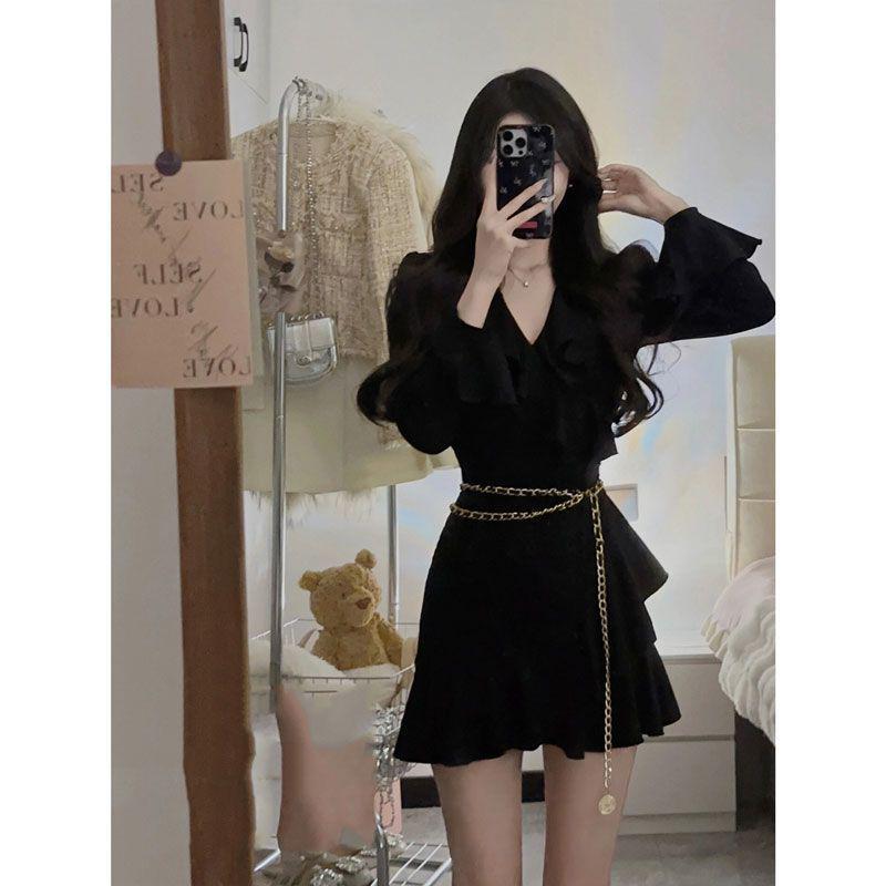 

Elegant Black Bodycon Dress with Waist-Cinching Design - Autumn/Winter Collection XS (recommended 75-80 jin)