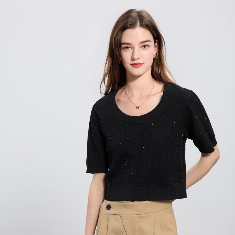 

Women s 2025 Spring Round Neck Short Sleeve Sequin Knit Sweater S