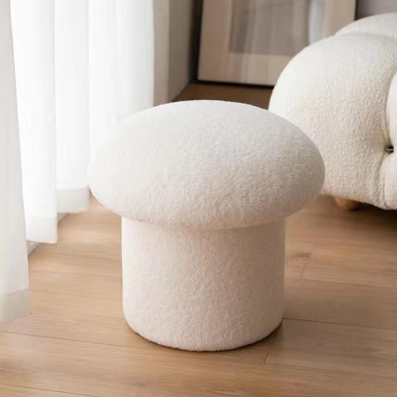 Cream White Cashmere Fabric Stool, Cute Household Mushroom Stool, Low Bench & Coffee Table Stool for Adults