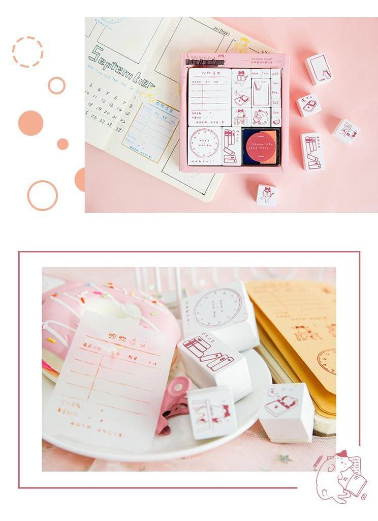 Mu Ran Creative Wooden Stamp Set: Cute Retro Life Apocalypse Theme.