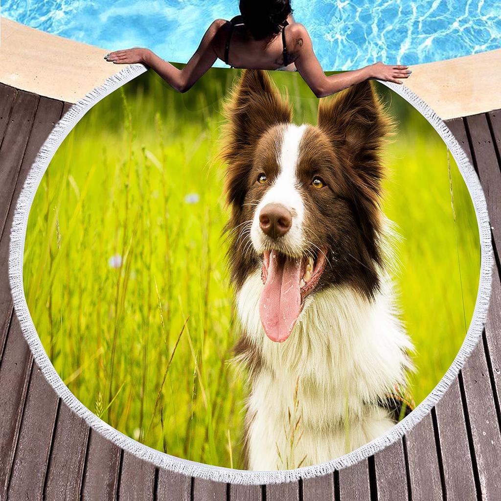 Border Collie Round Beach Towels,Dog Greeting Its Owner Among Flowers Sand Free Absorbent Beach Blanket Bath Towels Picnic Mat