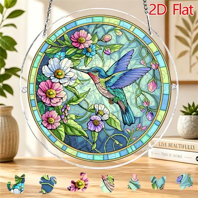2D Flat Acrylic Sun Catcher, Lively Hummingbird Flying Through Colorful Flowers Theme Sun Catcher, Home And Garden Decor, Suitable Gift for Christmas,