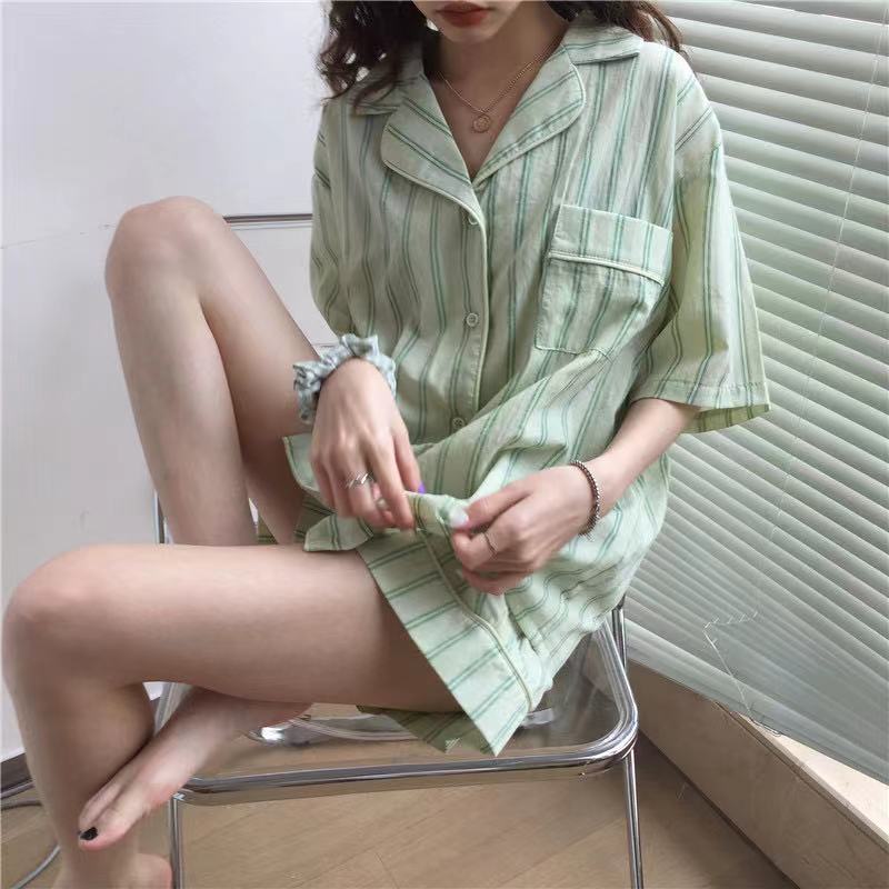 Pajamas Women Summer Cartoon Cute Bear Short Sleeve Nightwear Loungewear Set Ladies Cardigan Striped Plaid Short Sleepwear