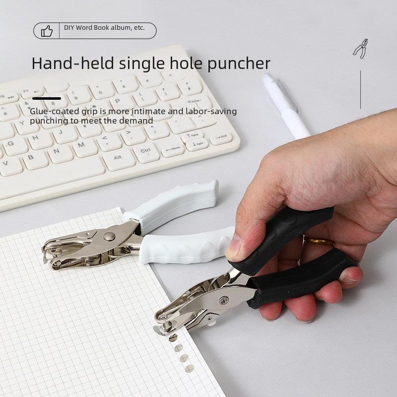 Black & White Rubber-Coated 6mm Handheld Hole Punch Pliers - Manual, Labor-Saving, Single-Hole Loose-Leaf Punch for Office Use