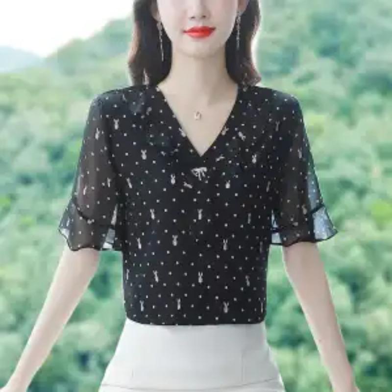 High-end Chiffon Shirt Fashionable Upscale Summer Loose Short-sleeved Top Elegant Dress Top