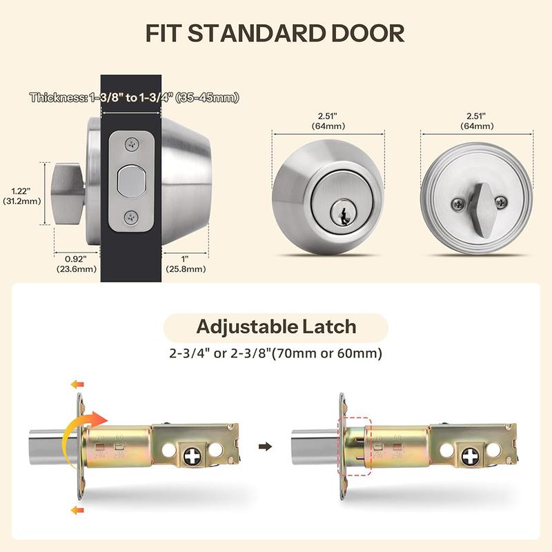Single Cylinder Deadbolt, Round Deadbolt Lock with Keys, Modern Door Locks with Deadbolt, Deadbolt for Front Door Entrance