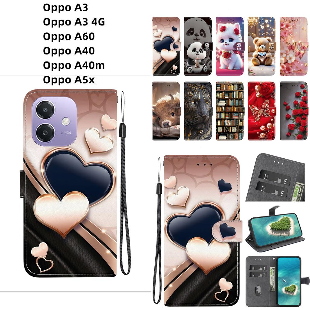 Handmade PU Leather Flip Case for Oppo A3/A3 4G/Oppo A60/Oppo A40/A40m/Oppo A5x Anti-Slip Shockproof Cover with Wrist Strap & Heart/Rose Cat Designs