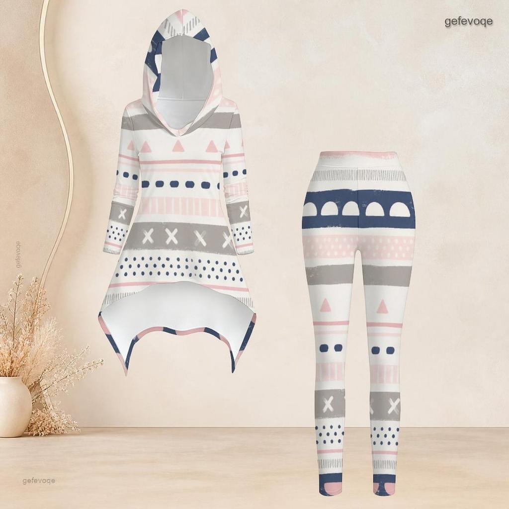 Women Plus Size Hooded Long Sleeve Printed High Low Top Fitted Pants Two Piece Set