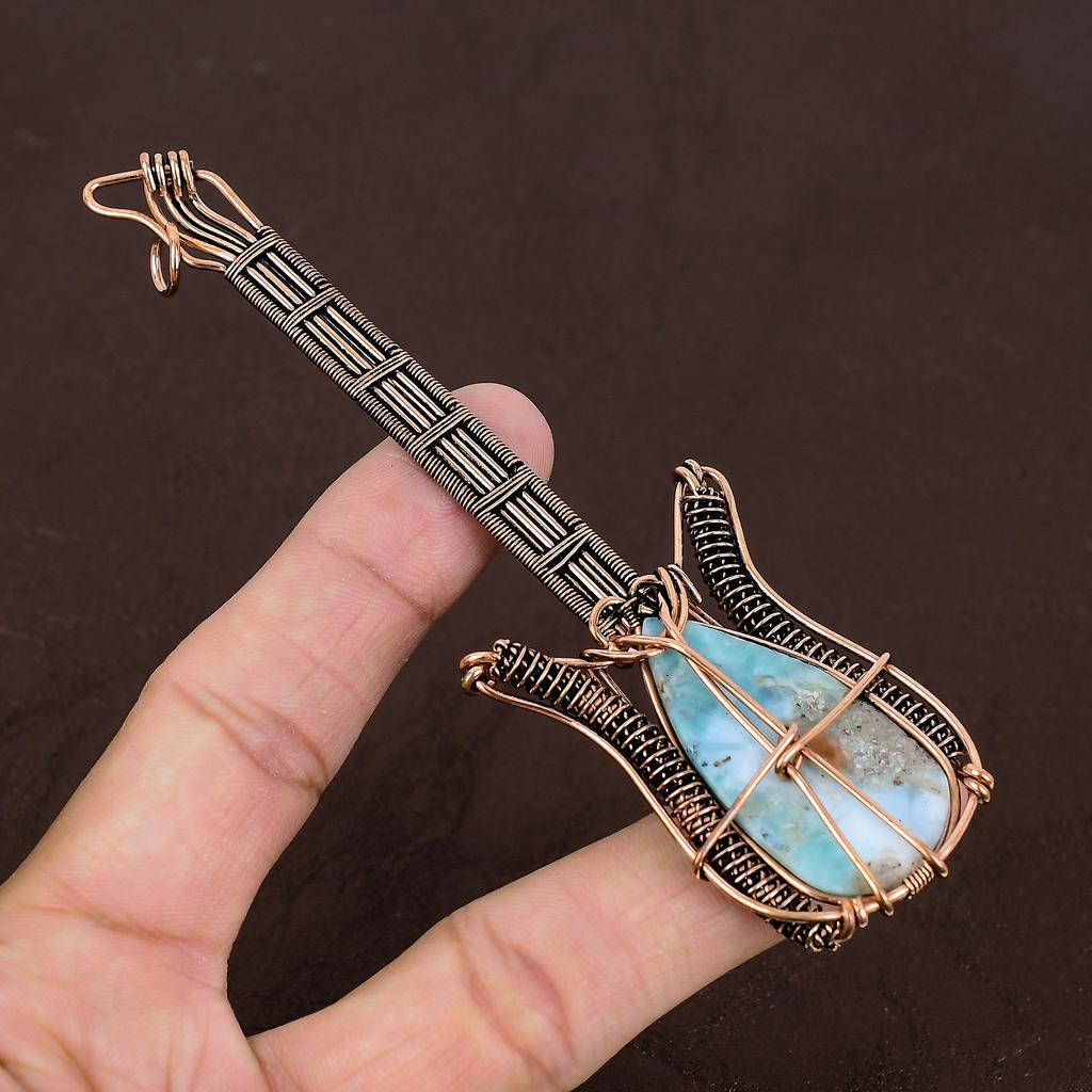 Natural Republic Larimar Handmade Copper Wire Wrap Guitar Pendant 4.53" e1b93