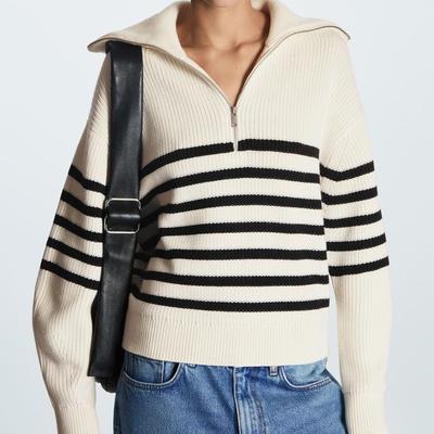 Damen Rollkragen Locker Revers Gestreifte Strickware Damen Pullover Neu Einfachheit Halber Reißverschluss Lässige Mode Damen Pullover