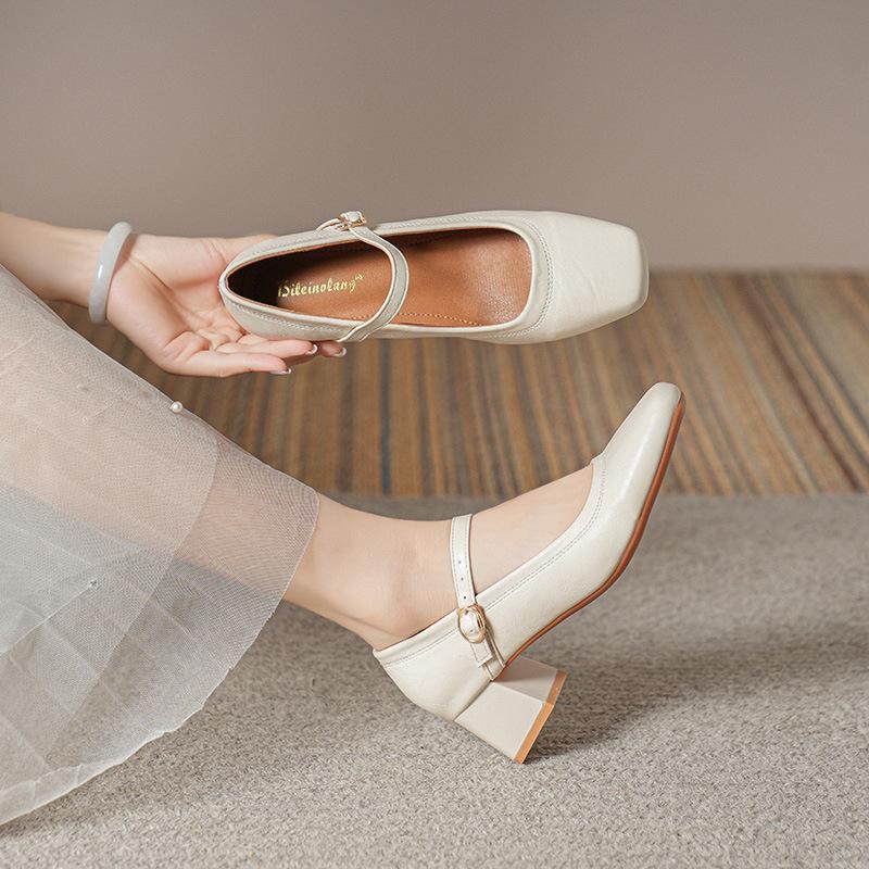 Fashion 2025 Summer Women 5cm High Heels Metal Buckle Wine Red Office Pumps Female Strap High Heels Lady Sweet Mary Jane Shoes