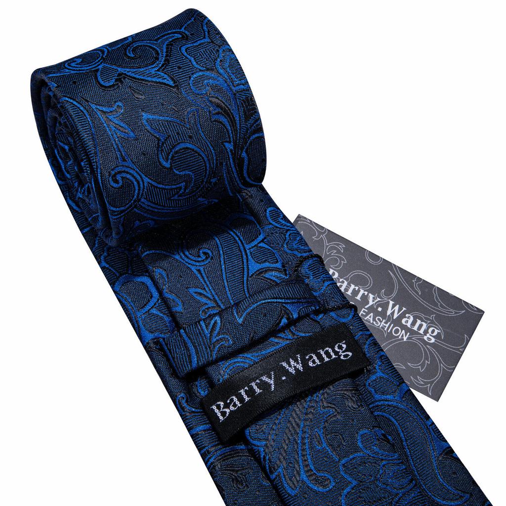 Barry.Wang Krawatten-Taschentuch-Manschettenknöpfe-Set, exquisites, saphirblaues Muster, Jacquard-Gewebt, Hochzeit