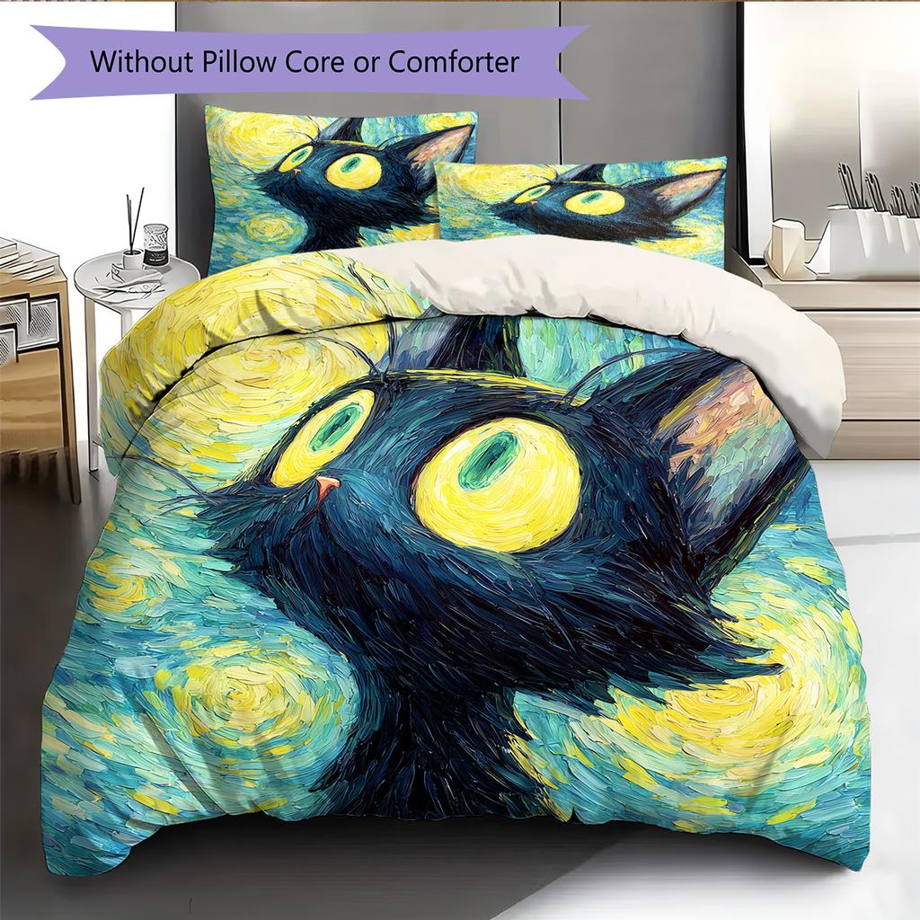 Starry Sky Black Cat  Pattern Bedding Quilt Set Quilt Cover Pillowcase Home Decoration  Gift (1 * Duvet Cover + 2 * Pillowcase, Without Core)