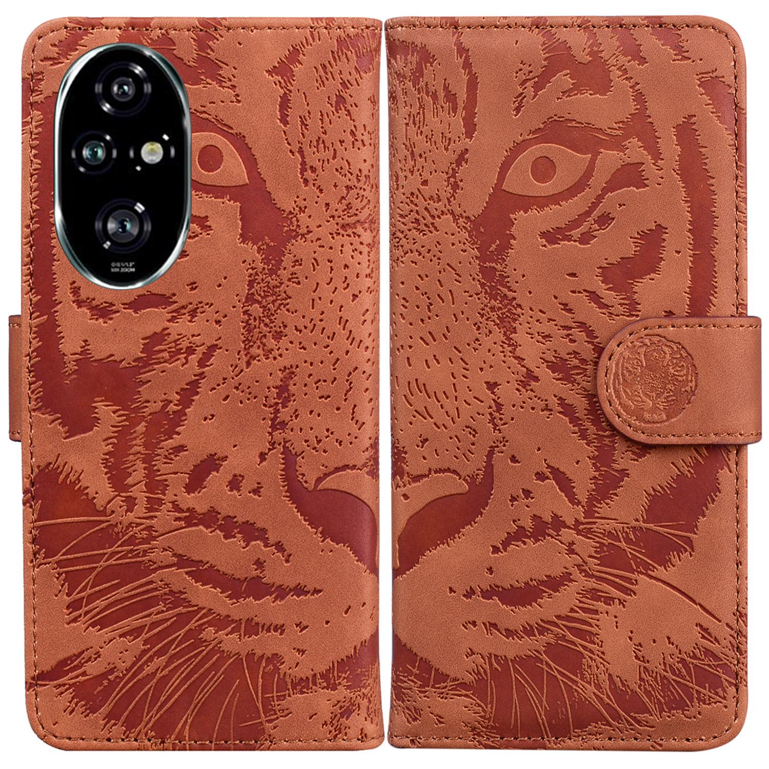 

For Honor 200 Pro 5G Shockproof Case Tiger Imprint Leather Wallet Phone Cover Brown