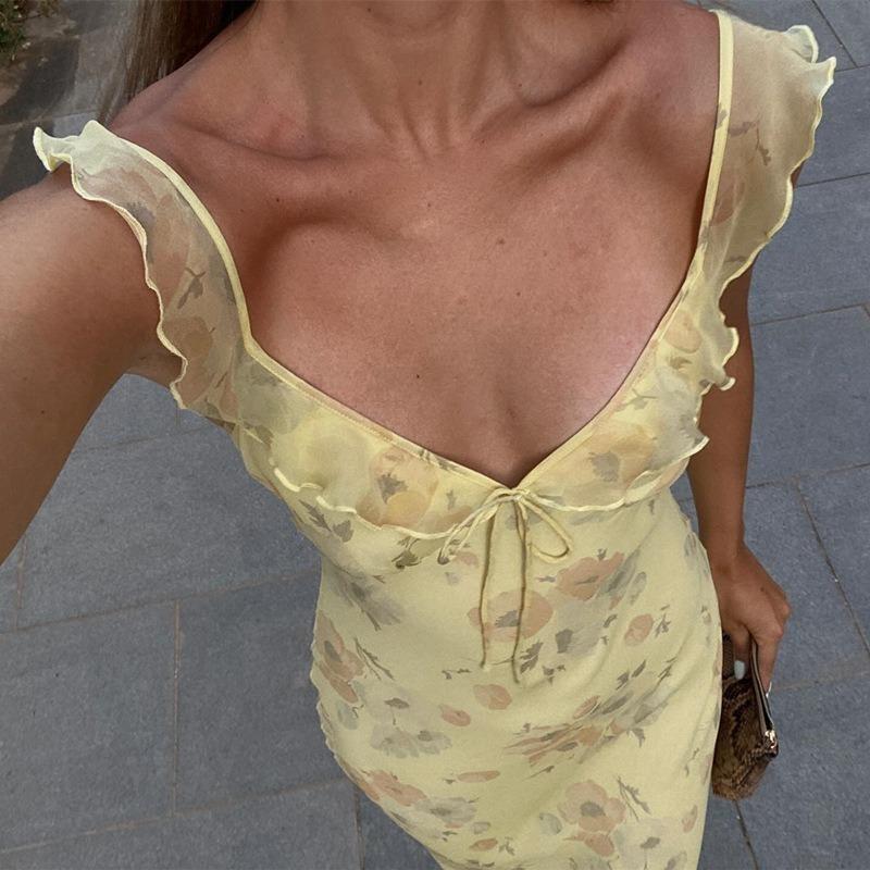 Elegancka Modna Sukienka na Ramiączkach z Kwiatowym Wzorem i Falbankami na Studniówkę Seksowna Sukienka z Głęboko Wyciętym Dekoltem V Sukienki dla Kobiet na Wakacje Sznurowane Dopasowane Codzienne Słodkie Długie Sukienki Wieczorowe