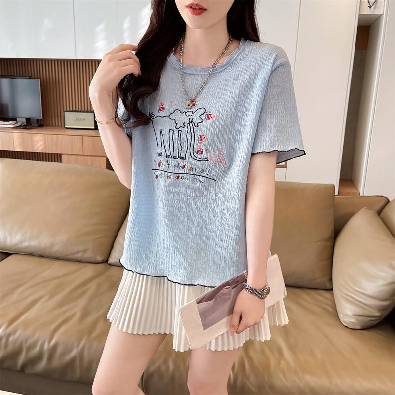 

W3T Stylish Women s Cartoon Slimming Short Sleeve Summer T-shirt - Trendy Age-Reducing Design 2XL синий