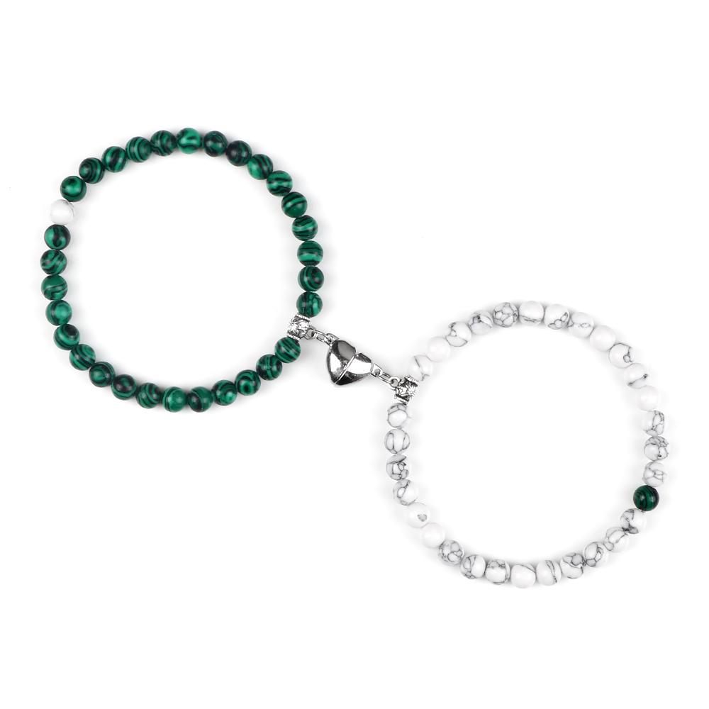 2Pcs/Set Couple Magnet Heart Shape Pendant Bracelets 6MM Malachite Tiger Eye Bangles Love Relationship Pulsera Jewelry Gift New