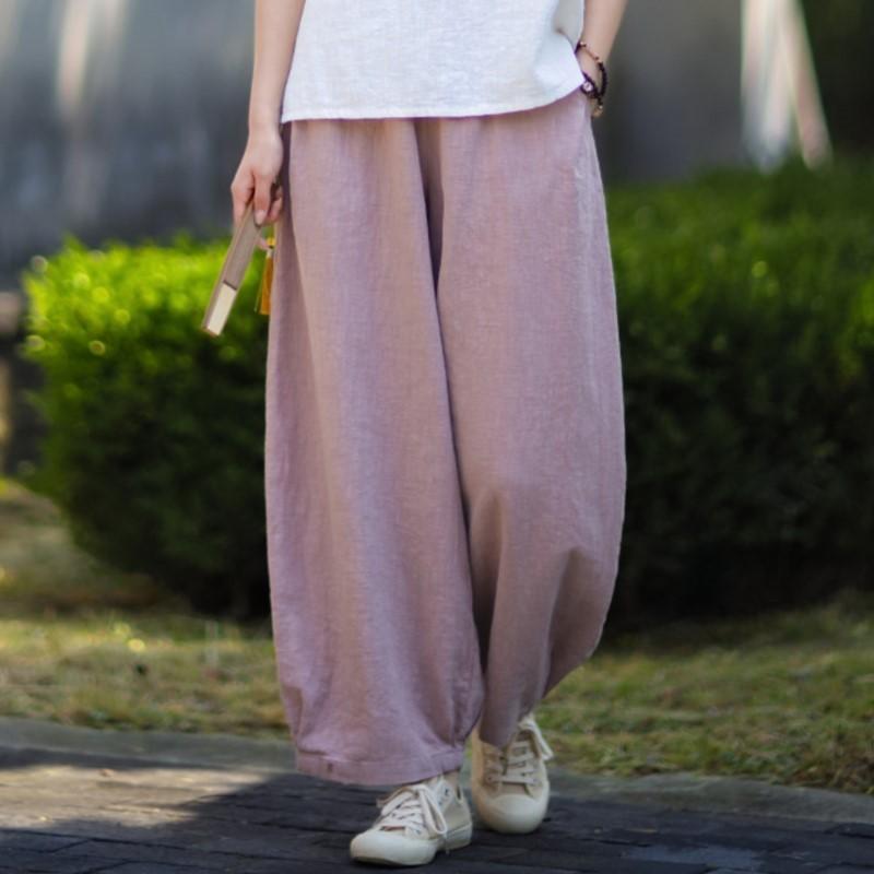 Johnature Women Vintage Bloomers Pants Summer Chinese Style Solid Color Trousers Pockets Soft Pants