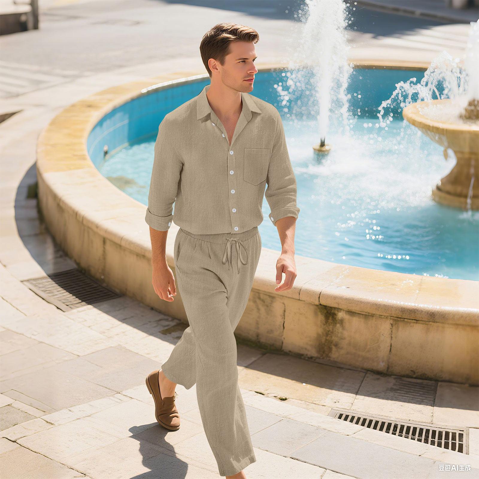 

Новый льняной мужской повседневный свободный дышащий костюм для пляжа с длинным рукавом (брюки и рубашка) M хаки