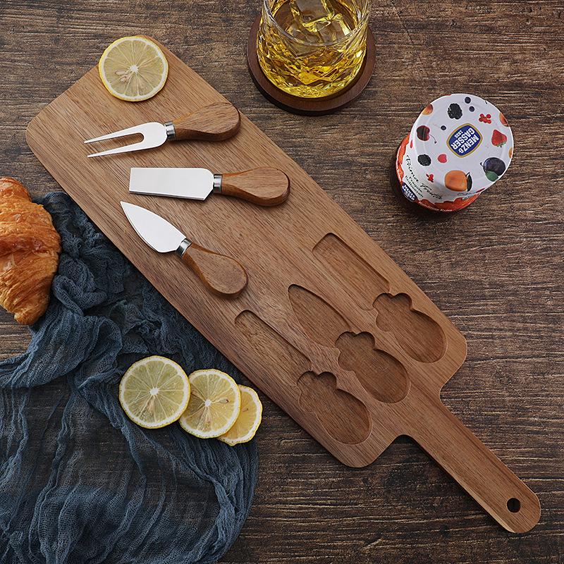 Acacia Wood Cheese Board Set with Stainless Steel Knives and Forks - Ideal for Snacks and Cutlery.