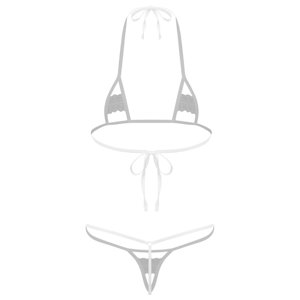 Womens Sheer Micro Bikini Set Halter Bra Top-G string Thong Swimsuit