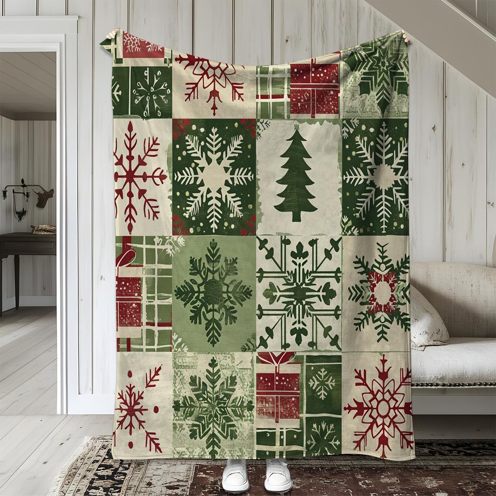 Christmas Snowflake Patchwork Fleece Blanket Festive Tree & Gift Throw Blanket, Soft Cozy For Winter Holiday Home Decor & Gift