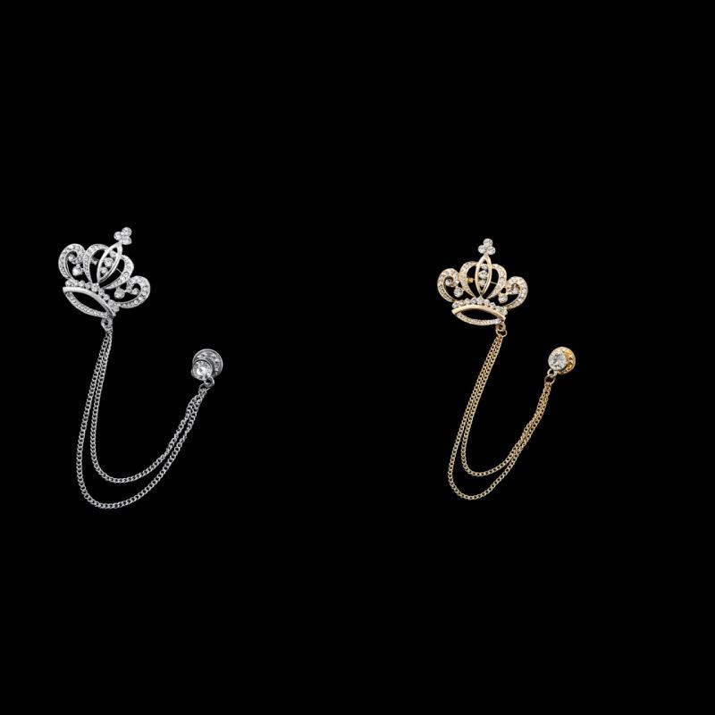 Unisex Gold/Silver Crown Series Brooch with Rhinestones & Optional Chain - Elegant Luxury