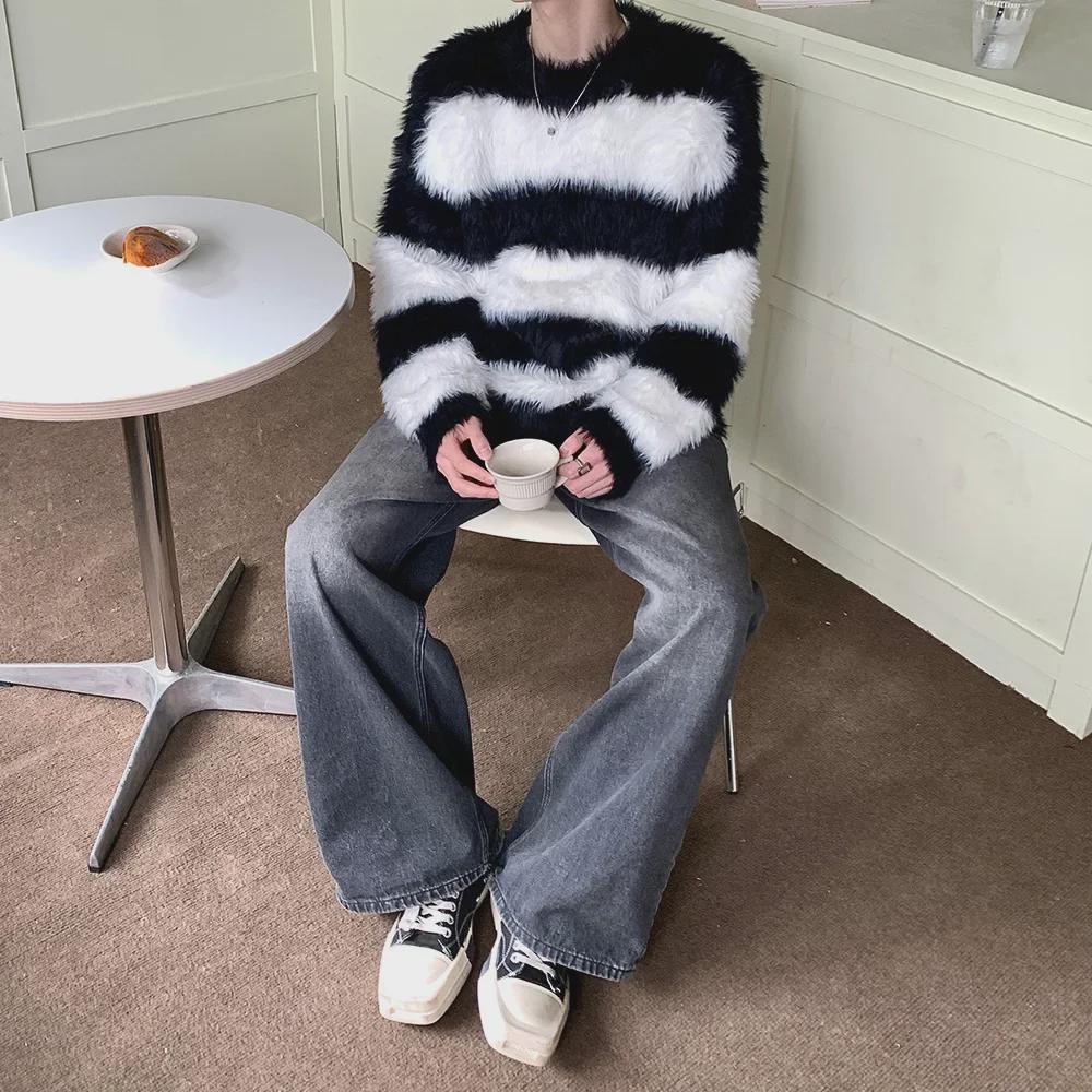 Pull Unisexe Rétro Rayé en Peluche - Style Décontracté Col Rond Pull pour Couples