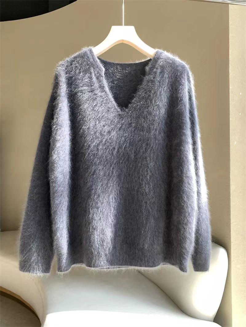 

Жіночий осінньо-зимовий светр з мохеру гусячого жовтого кольору - М який, високоякісний норковий фліс, затишний ледачий стиль Large сірий колір