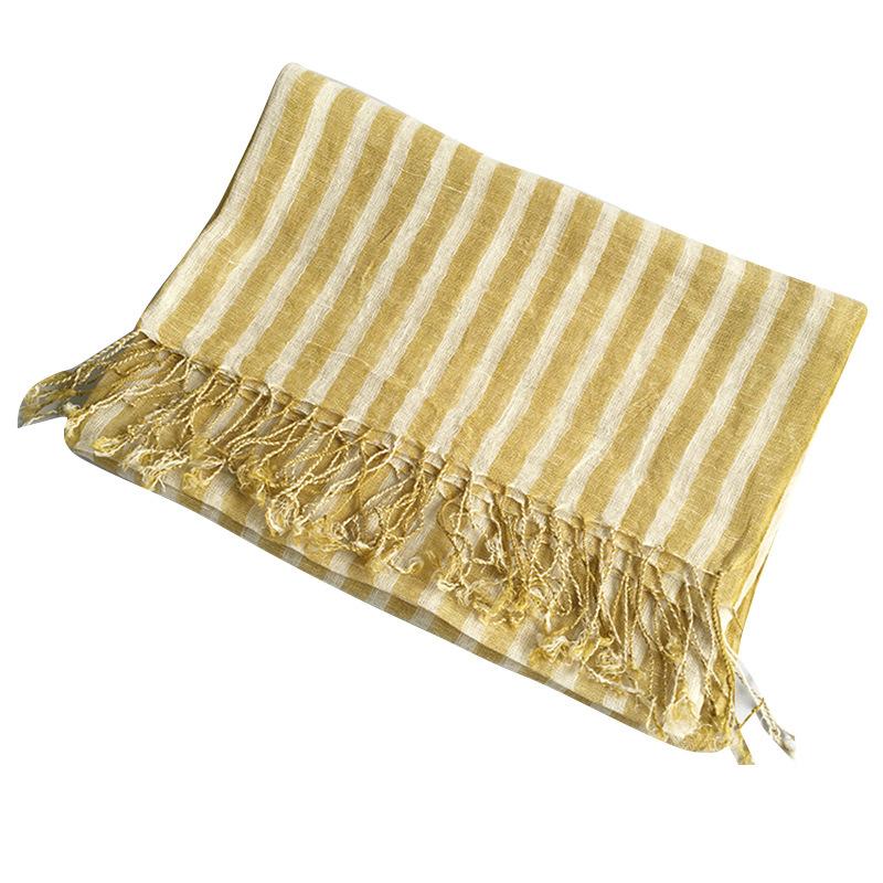Japanese Pure Linen Yellow Stripes Fresh Literary And Artistic Fan Women Fringed Scarf Shawl Dual-Purpose Match