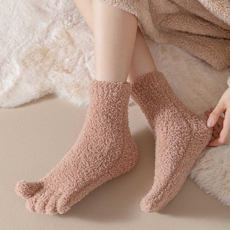 Womens Fuzzy Plush Slipper Socks Warm Coral Fleece Solid Color Five Finger Socks