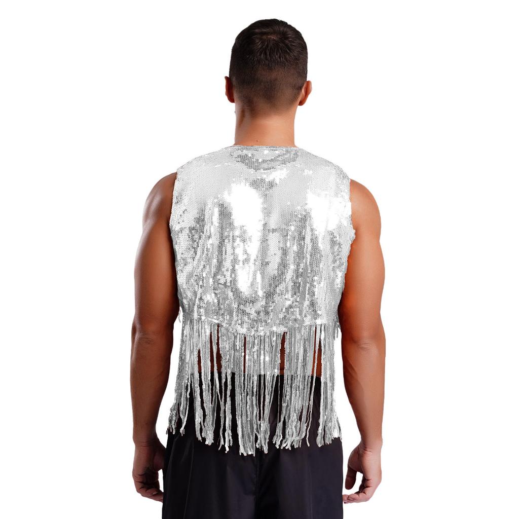 Men Sparkly Sequin Cowboy Vest Open Front Tassel Rivets Shiny Western Waistcoat for 70s Disco Club Parties