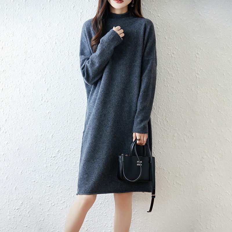 Women Sweater Dress 100% Wool MODERN NEW SAGA Turtleneck Knit Long Pullover Winter Jumpers Wool Long Dress Female