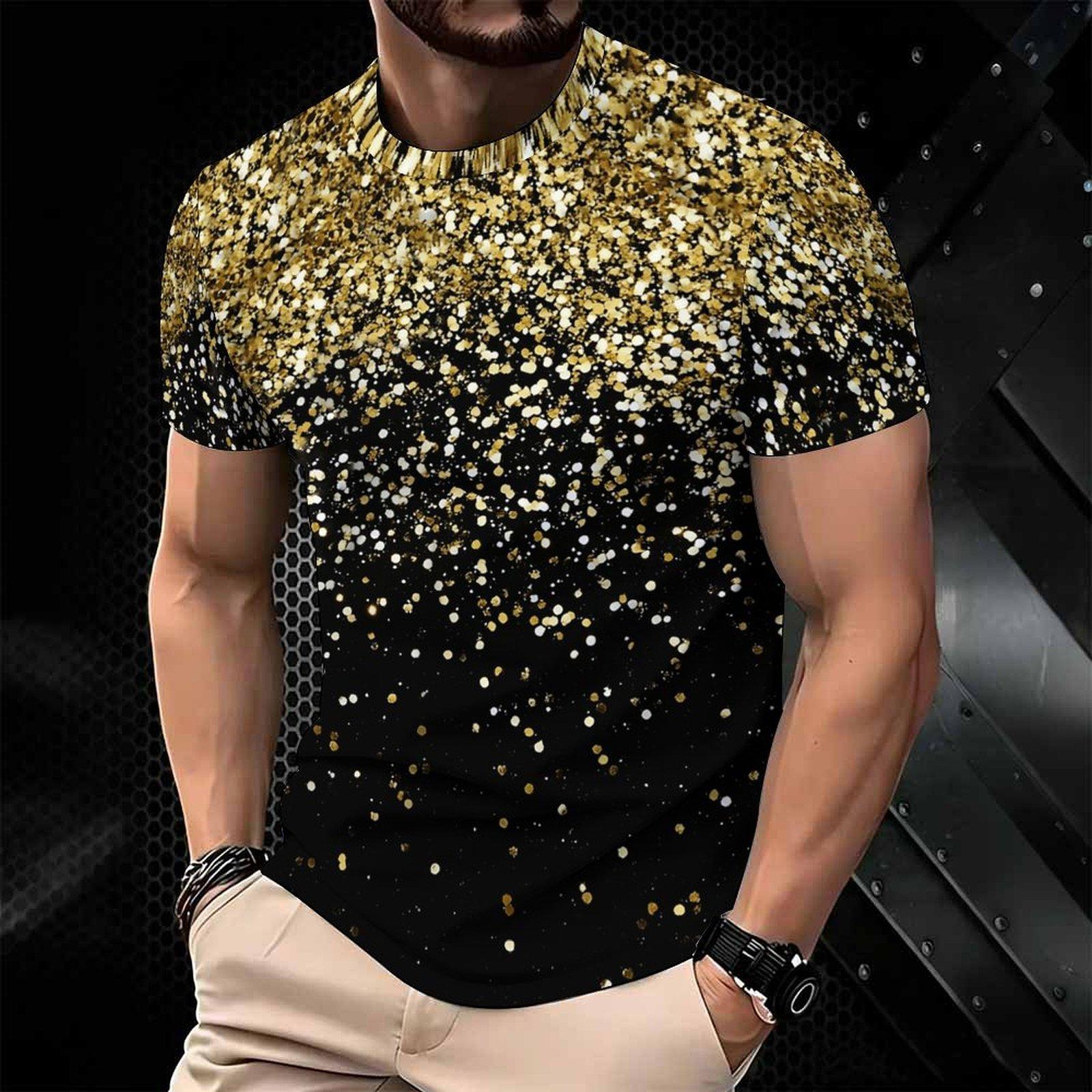 Damen Kurzarm Rundhals T-Shirt Schwarz Gold Weiß Farbverlauf Glitzerpunkte Fallende Funkelaufdruck Oberteil 6XL brown